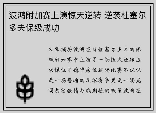 波鸿附加赛上演惊天逆转 逆袭杜塞尔多夫保级成功