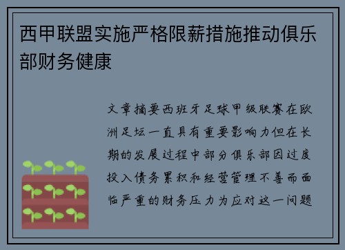 西甲联盟实施严格限薪措施推动俱乐部财务健康